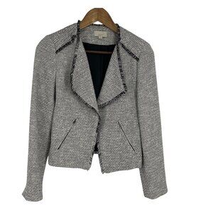 Loft Fringed Tweed Blazer Jacket Women's Black White Open Front Size 2